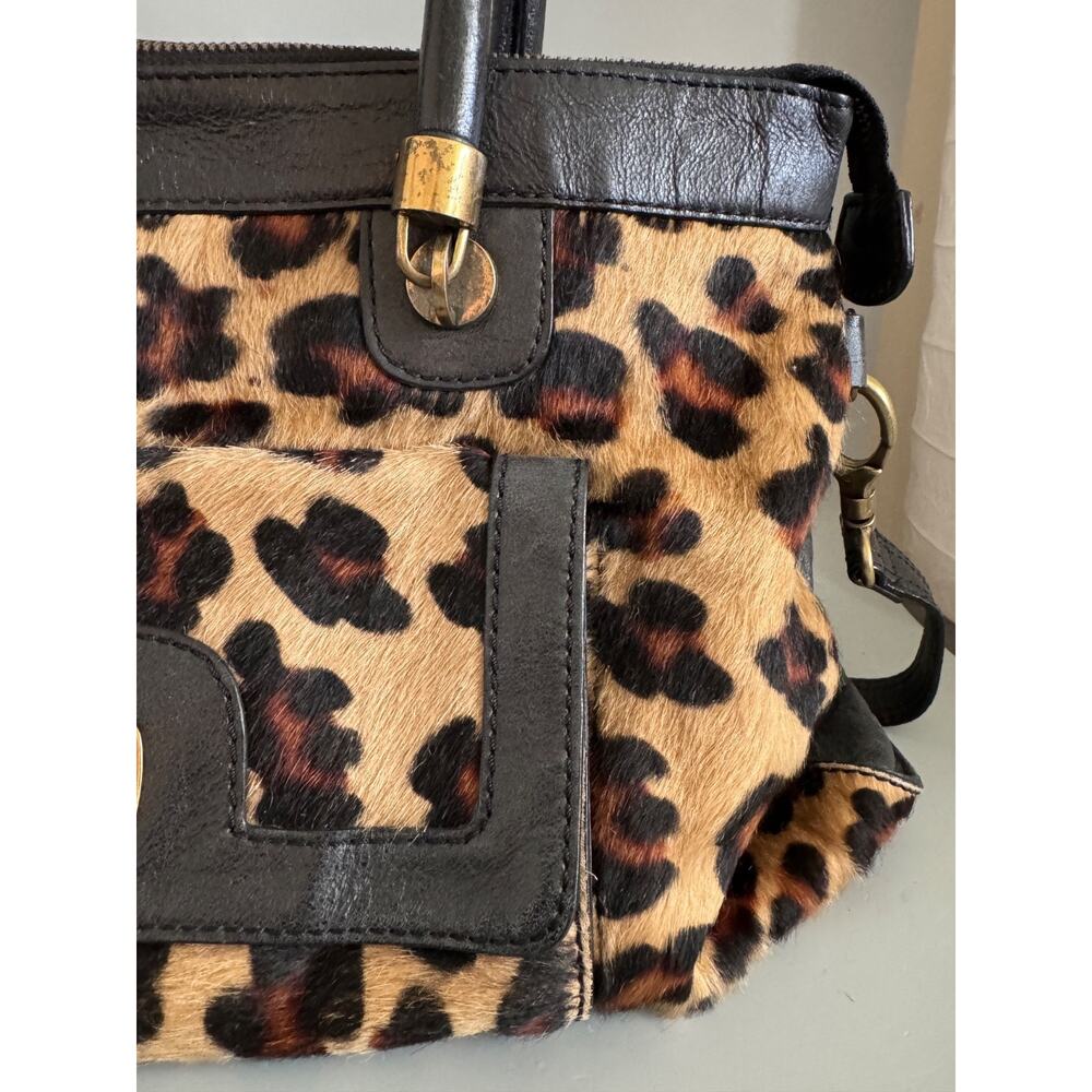 Vintage 90s Nordstrom Leopard Calf Hair & Leather Satchel Bag – Turn Lock Black - Picture 2 of 13